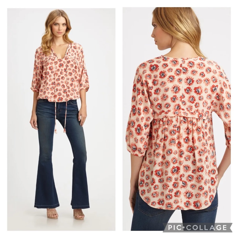 Rebecca Taylor Boho 100% Silk Floral Pink Red Oversized Flowy Tunic Blouse 6
